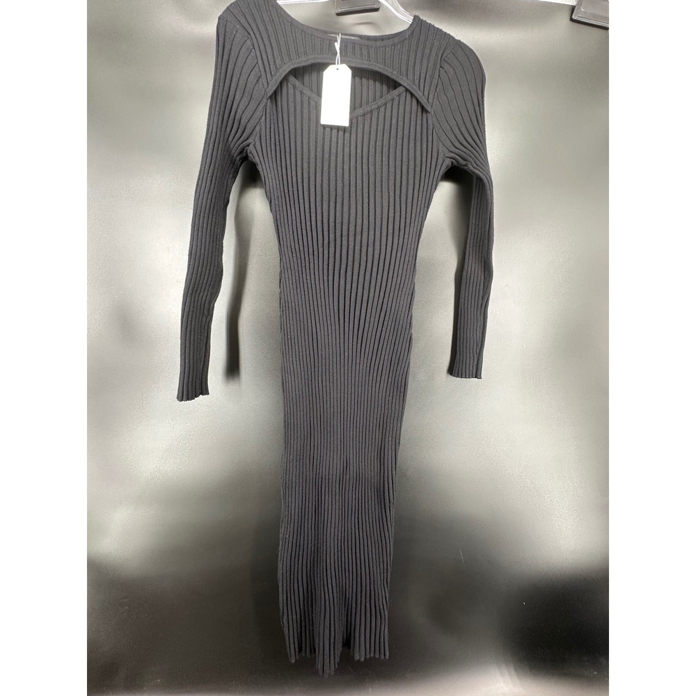 Lillusory Black Ribbed Long Sleeve Cutout Front Bodycon Midi Dress - Picture 4 of 6